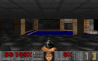 A DOOM frame produced by mechanically replaying drawing tokens emitted by the constructed transformer: the E1M1 hangar, looking across the nukage pool.